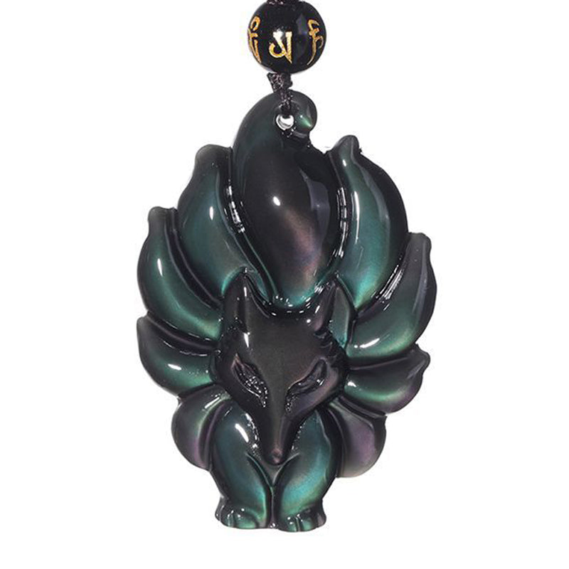KarmaRipple's Authentic Rainbow Obsidian Gold Sheen Obsidian Nine Tailed Fox Positive Pendant Necklace p7