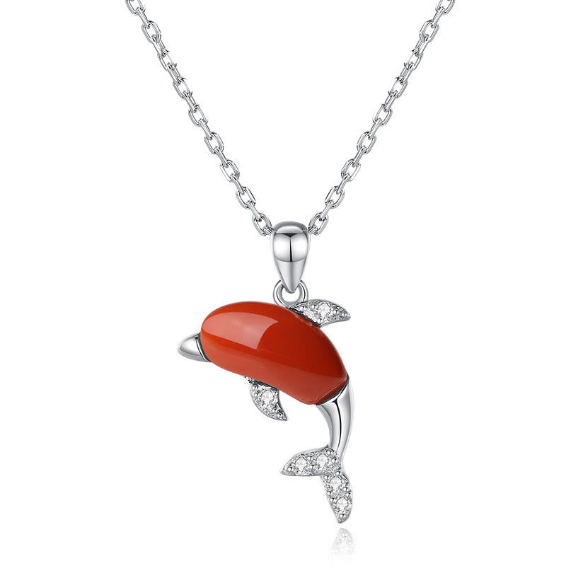 KarmaRipple's 925 Sterling Silver Cute Dolphin Hetian Jade Red Agate Fortune Pendant Necklace Ring Earrings Set p4