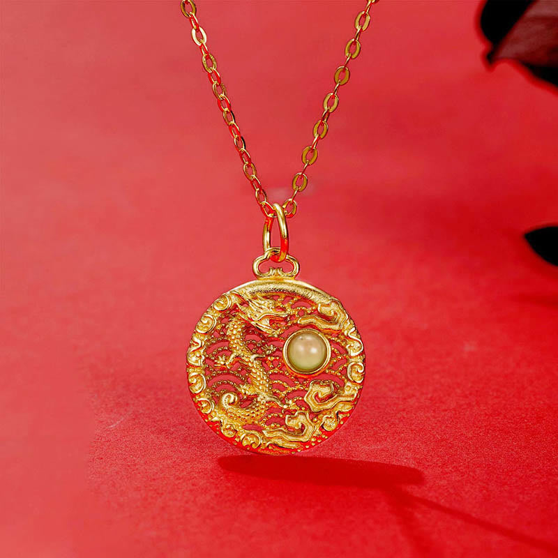 KarmaRipple's 925 Sterling Silver Year Of The Dragon Auspicious Clouds Hetian Jade Inlaid Fortune Pendant Necklace p1