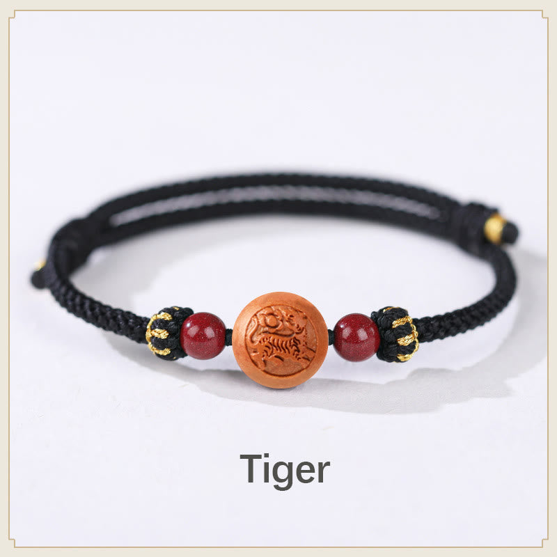 KarmaRipple's Authentic Peach Wood Chinese Zodiac Fu Character Carved Cinnabar Wealth Bracelet p11
