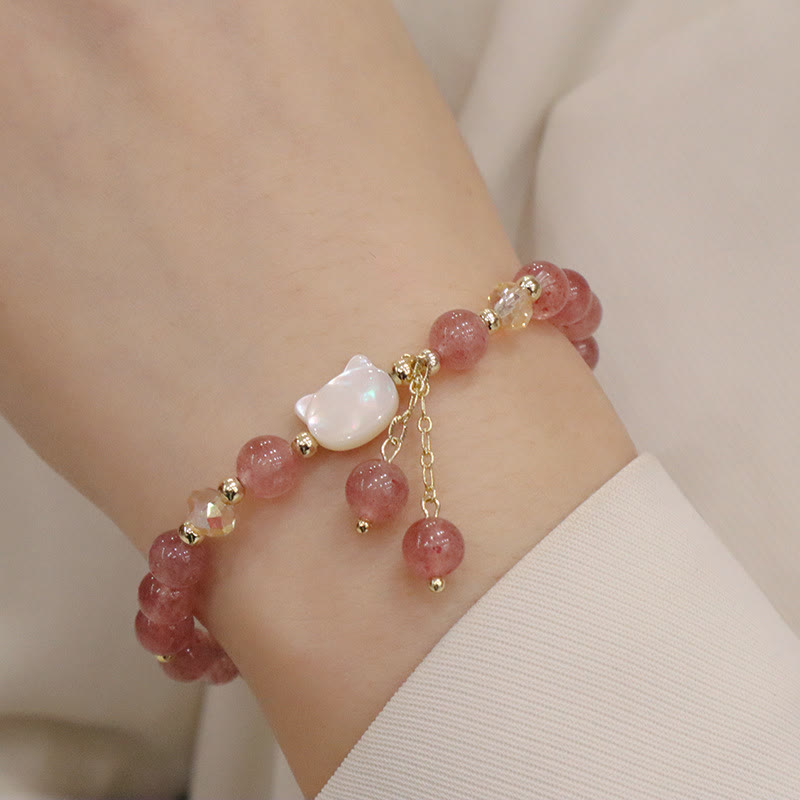 KarmaRipple's Authentic Strawberry Quartz Morganite Tridacna Stone Cat Love Bracelet p9