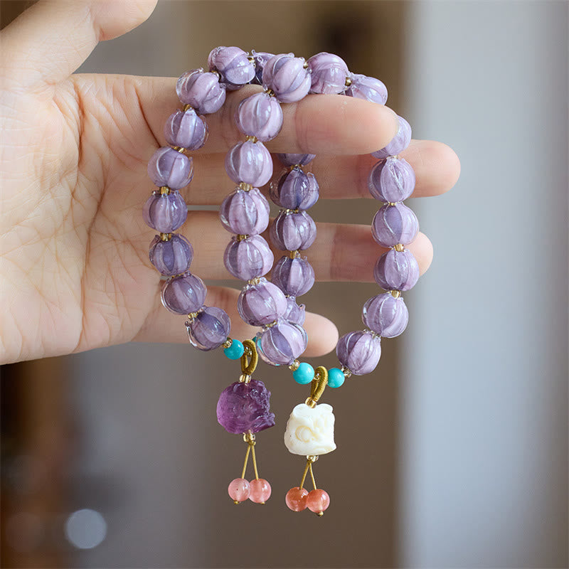 KarmaRipple's Liuli Glass Bead Lotus Design Fluorite Ivory Fruit Dancing Lion Talisman Enlightenment Bracelet p4