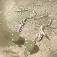 KarmaRipple's 999 Sterling Silber Hetian Jade Perle Bambus Blatt Glück Tropfen Dangle Ohrringe