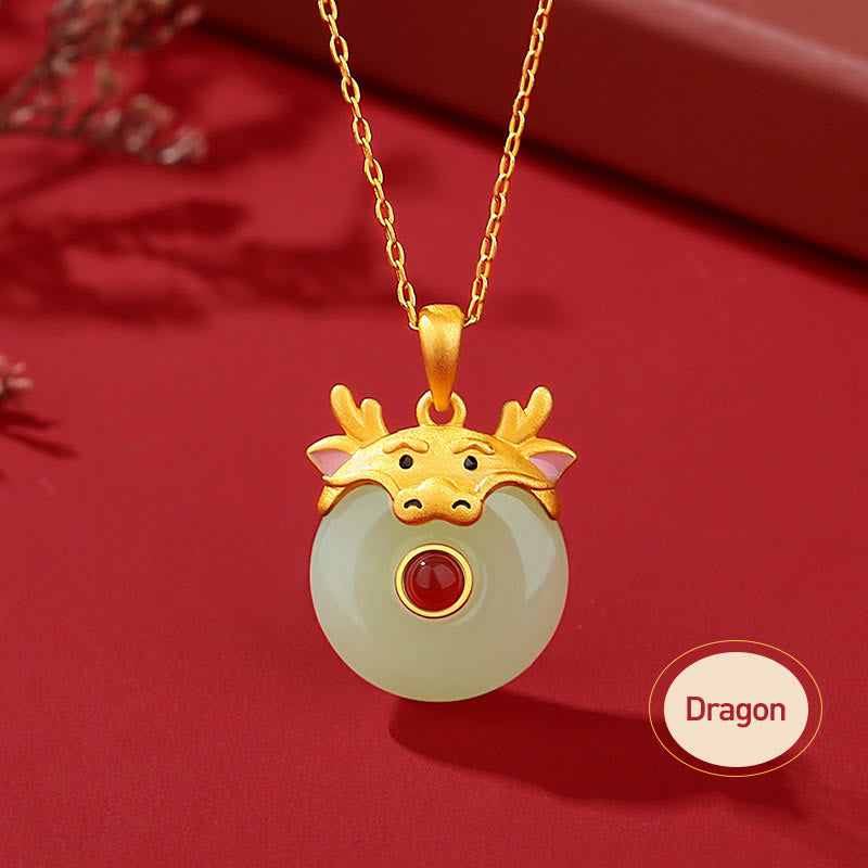 KarmaRipple's 925 Sterling Silver Hetian Jade Chinese Zodiac Year of the Dragon Red Agate Fortune Protection Pendant Necklace ( p15