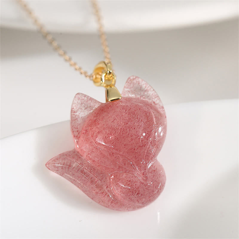 KarmaRipple's 14k Gold Plated 925 Sterling Silver Strawberry Quartz Fox Balancing Pendant Necklace p1