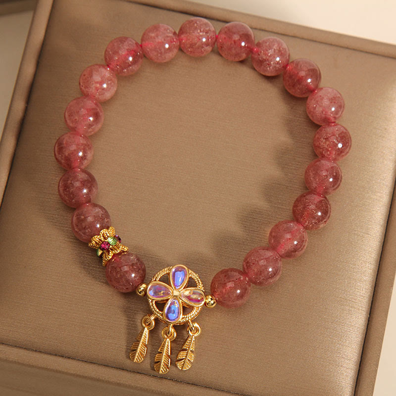 KarmaRipple's Authentic Strawberry Quartz Four Leaf Clover Dreamcatcher Talisman Love Bracelet p3