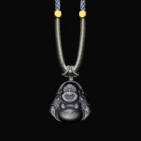 KarmaRipples authentische Halskette mit Schutzanhänger „Lachender Buddha“ aus glänzendem Obsidian in Silber