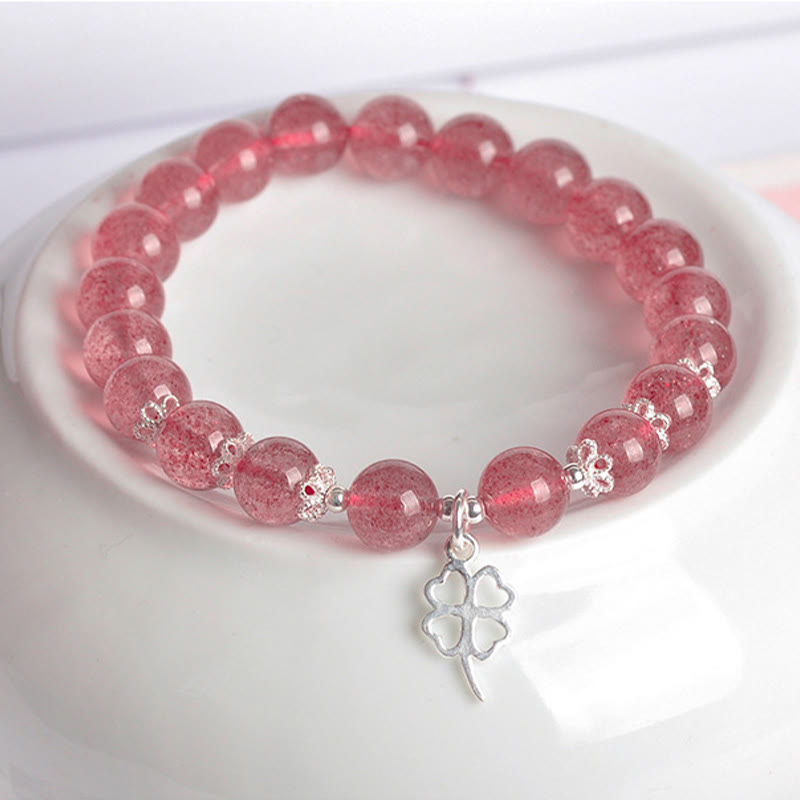 KarmaRipple's 925 Sterling Silver Strawberry Quartz Four Leaf Clover Love Bracelet p3