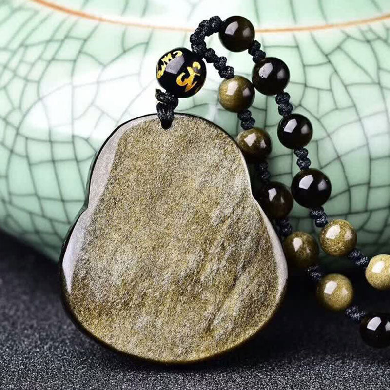 KarmaRipple's Laughing Buddha Gold Sheen Obsidian Wealth Pendant Necklace p5