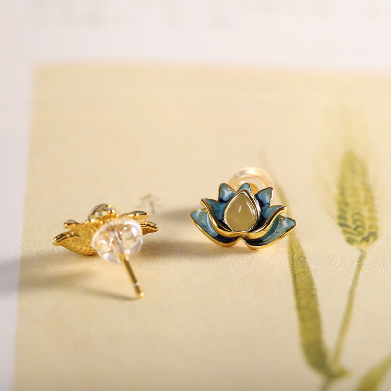 KarmaRipple's 925 Sterling Silver Hetian Cyan Jade Lotus Flower Success Earrings p4