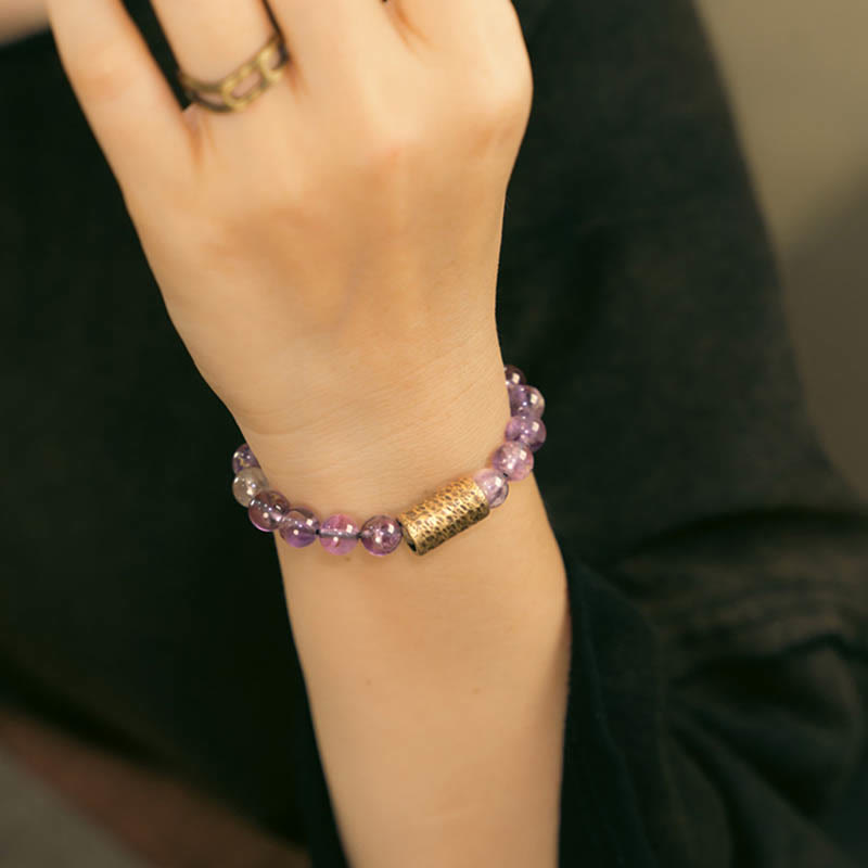 KarmaRipple's Ivory Gemstone Red Hematoid Quartz Gold Rutilated Quartz Purple Phantom Protection Bracelet p32