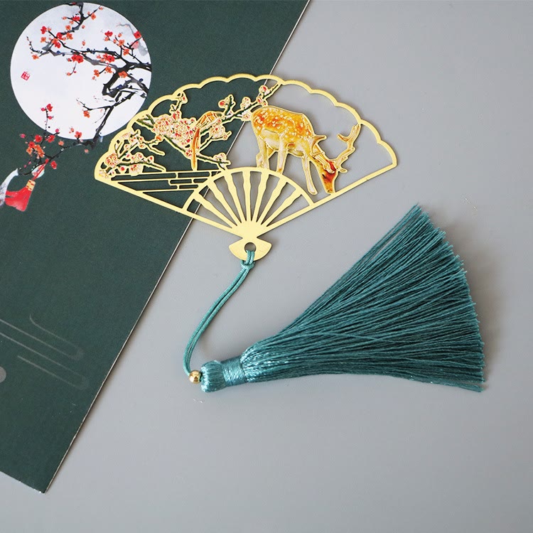 KarmaRipple's Traditional Butterfly Lotus Flower Crane Dragon Phoenix Fox Koi Fish New Beginning Metal Brass Hollow Fan Bookmarks p38
