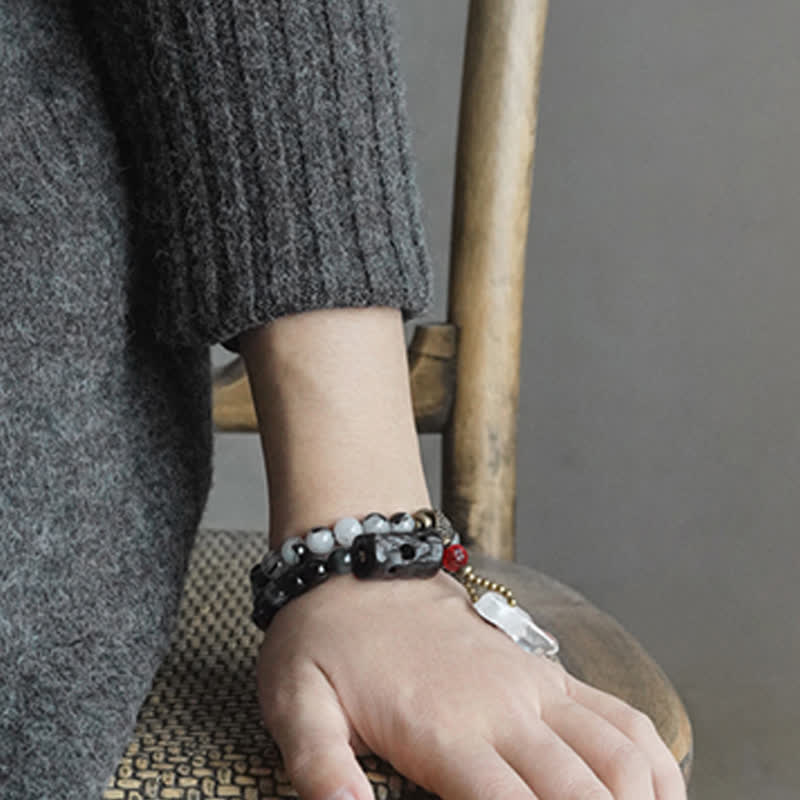 KarmaRipple's Black Rutilated Quartz Ebony Wood Ivory Gemstone Success Pair Bracelet p5