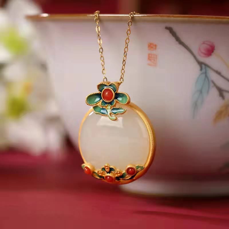 KarmaRipple's Ivory Jade Red Agate Flower Blessing Fortune Pendant Necklace p2