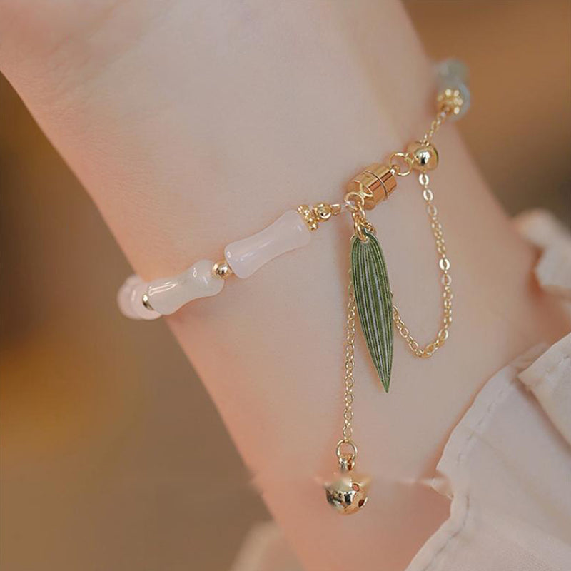 KarmaRipple's 14K Gold Plated Hetian Ivory Jade Bamboo Leaf Fortune Protection Bracelet p1
