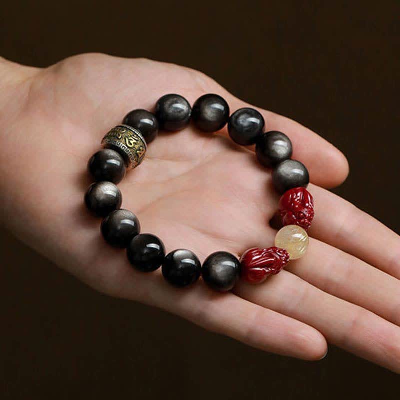 KarmaRipple's Gold Sheen Obsidian PiXiu Cinnabar Om Mani Padme Hum Protection Bracelet p6