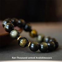 KarmaRipples Armband zum Schutz des Reichtums mit dem chinesischen Tierkreiszeichen Buddha aus Obsidian mit goldenem Glanz