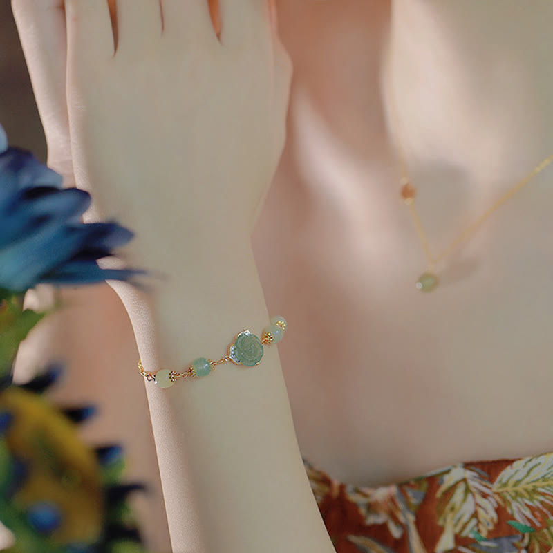 KarmaRipple's 14K Gold Plated Hetian Jade Rose Flower Fortune Chain Bracelet p11