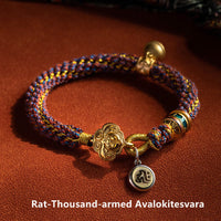 KarmaRipples Armband aus gewebtem Schnur, 925er Sterlingsilber, chinesisches Sternzeichen, Geburts-Buddha, Om Mani Padme Hum, Glücksglocke