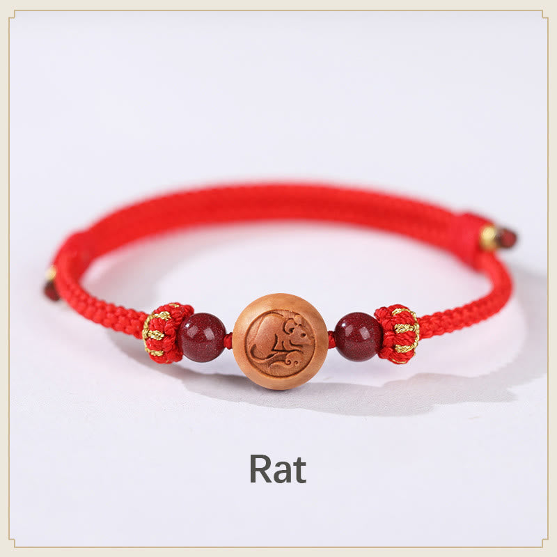 KarmaRipple's Authentic Peach Wood Chinese Zodiac Fu Character Carved Cinnabar Wealth Bracelet p33