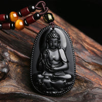 KarmaRipples Halskette mit chinesischem Tierkreiszeichen und Buddha-Anhänger aus echtem schwarzem Obsidian zur Reinigung
