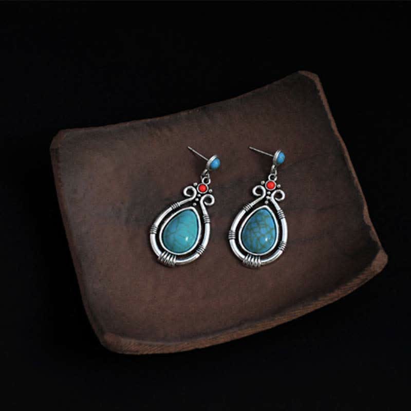 KarmaRipple's Tibet Vintage Turquoise Waterdrop Strength Drop Dangle Earrings Clips p5