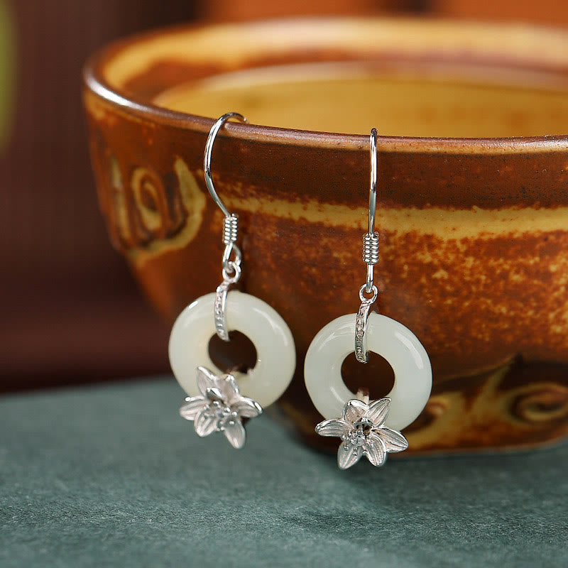 KarmaRipple's 925 Sterling Silver Hetian Jade Peace Buckle Orchid Prosperity Earrings p12