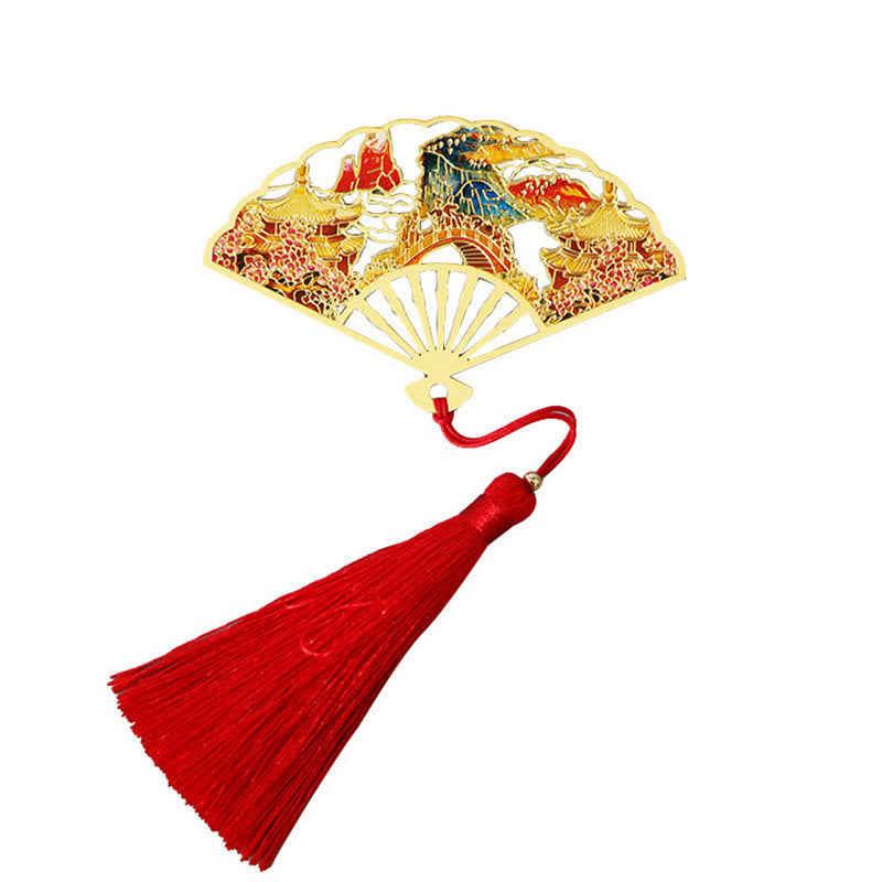 KarmaRipple's Traditional Butterfly Lotus Flower Crane Dragon Phoenix Fox Koi Fish New Beginning Metal Brass Hollow Fan Bookmarks p24