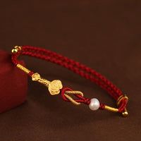 KarmaRipples gewebtes Armband aus 24 Karat Gold mit Wunsch-Ruyi-Griff und Fu-Charakter, Kaninchen-Perlen-Glück 