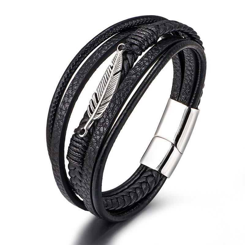 KarmaRipple's Feather Pattern Multilayer Leather Titanium Steel Calm Woven Magnetic Buckle Bracelet p2