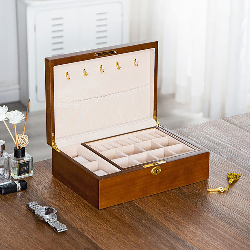 KarmaRipple's Vintage Wooden Jewelry Box Two-Layer Solid Wood Jewelry Storage Box p14