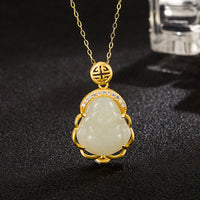KarmaRipple Halskette mit Schutzanhänger „Lachender Buddha“ aus Hetian-Elfenbein-Jade, Sterlingsilber 925