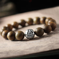KarmaRipples 999 Sterling Silber Armband mit Buddha-Heilung aus grünem Sandelholz und kleinen Blättern aus rotem Sandelholz