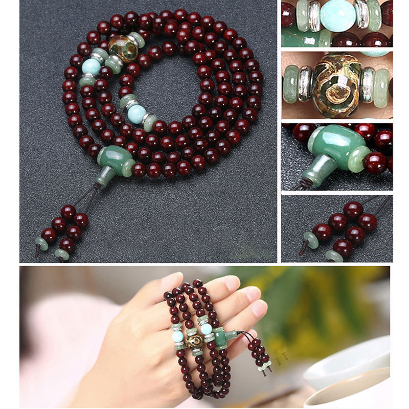 KarmaRipple's 108 Beadwork Small Leaf Red Sandalwood Green Aventurine Amazonite Fortune Balancing Bracelet Mala p4