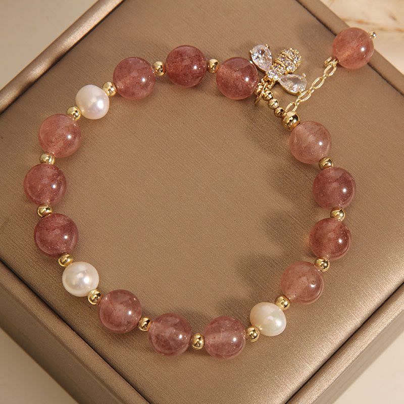KarmaRipple's Strawberry Quartz Pearl Cute Zircon Honeybee Positive Talisman Bracelet p6