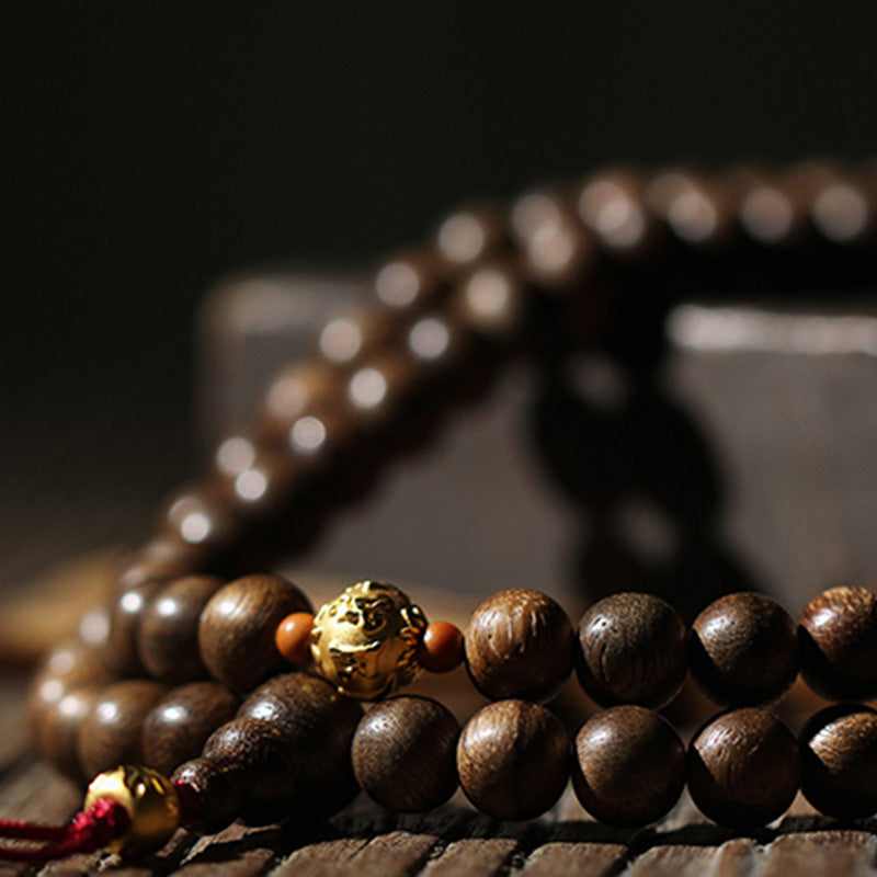 KarmaRipple's 999 Gold 108 Mala Beadwork Kalimantan Agarwood Cyan Jade Six True Words Strength Bracelet p12