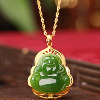 KarmaRipple's Halskette mit Anhänger und Kette aus 925er Sterlingsilber, authentische Hetian-Cyan-Jade, lachender Buddha, 18 Karat Gold