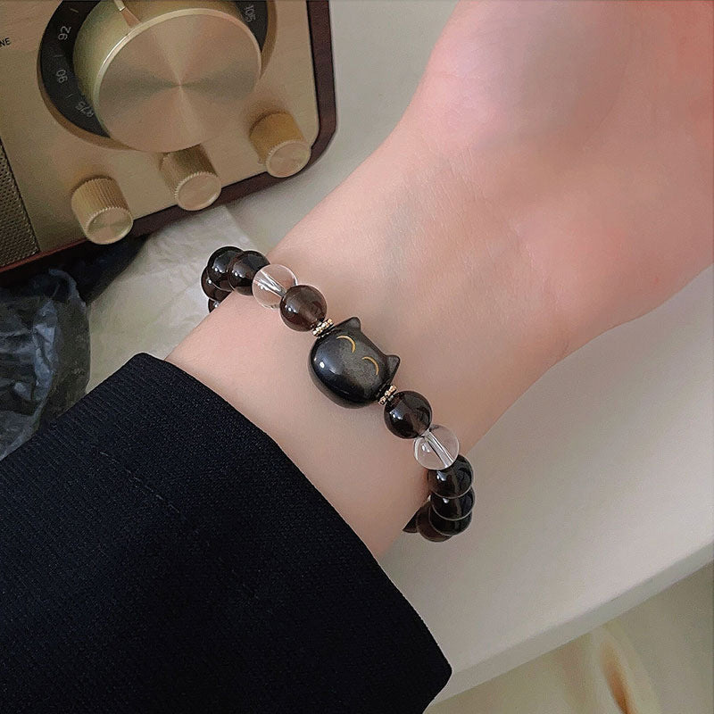 KarmaRipple's Authentic Ice Obsidian Silver Sheen Obsidian Cute Cat Positive Bracelet p4