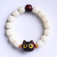 KarmaRipples authentisches Bodhi-Samen-Armband mit kleinen Blättern, rotem Sandelholz und Ebenholz, süßes Glückskatzen-Weisheitsarmband