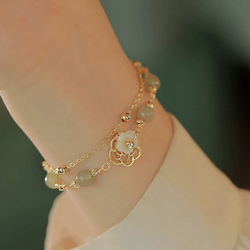 KarmaRipple's 14K Gold Plated Jade Butterfly Tridacna Stone Flower Double Layer Fortune Bracelet p14