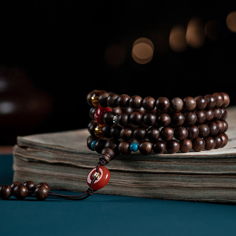 KarmaRipple's 108 Mala Beadwork Kalimantan Agarwood Laughing Buddha Peace Buckle Red Agate Jade Strength Bracelet p3