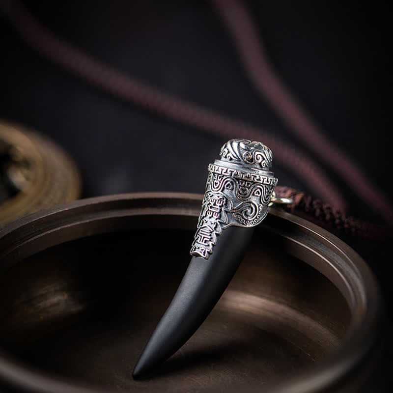 KarmaRipple's 925 Sterling Silver Black Obsidian Wolf Tooth Pattern Strength Pendant Necklace p5