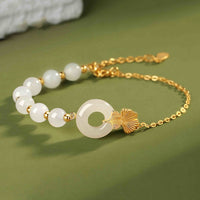 KarmaRipples 925 Sterling Silber Hetian Elfenbein Jade Peace Buckle Ginkgo Blatt Glücksarmband
