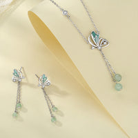 KarmaRipple's 925 Sterling Silber Echter grüner Aventurin Schmetterling Glücksbringer Anhänger Halskette Ohrringe Set