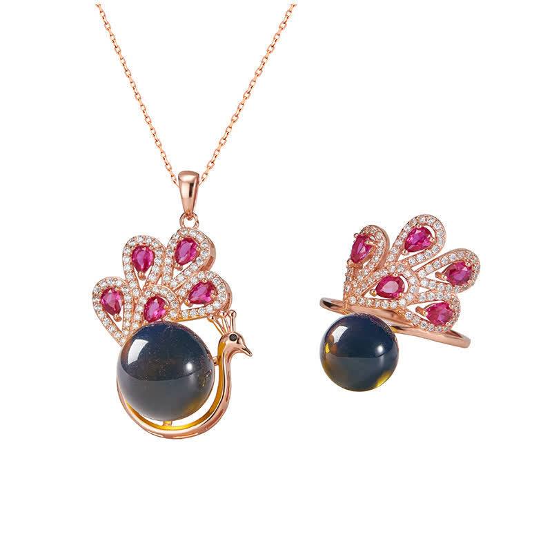 KarmaRipple's Peacock Amber Fortune Love Pendant Necklace Ring p7