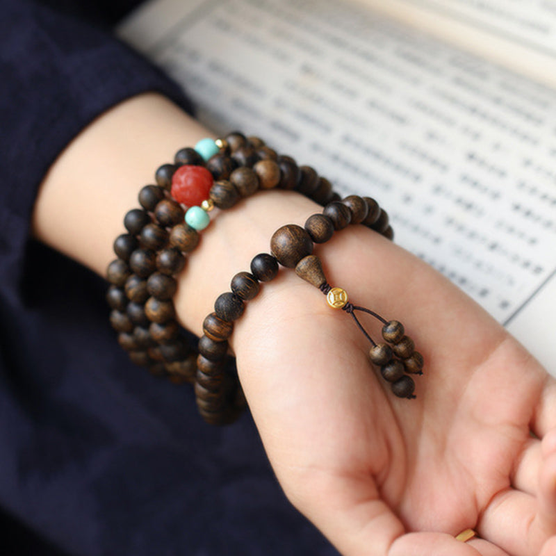 KarmaRipple's 108 Mala Beadwork Agarwood Red Agate Turquoise Peace Meditation Bracelet p6