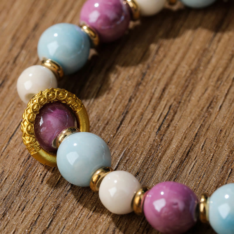 KarmaRipple's Tibetan Zakiram Goddess of Wealth Rabbit Lion Head Talisman Liuli Glass Incense Ash Porcelain Bead Protection Bracelet p7