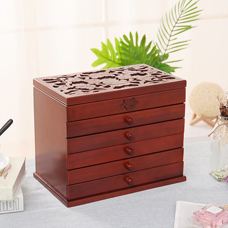 KarmaRipple's Large Capacity Vintage Flowers Carved Wooden Jewelry Box Six-Layer Jewelry Storage Box p5