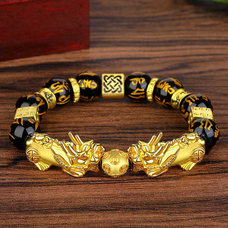 KarmaRipple's FengShui Double PiXiu Obsidian Om Mani Padme Hum Wealth Bracelet p1