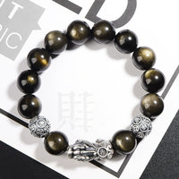 KarmaRipples 925 Sterling Silber Authentisches Goldglanz-Obsidian-PiXiu-Armband zum Schutz des Reichtums